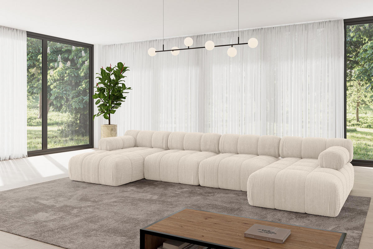 WOHNLANDSCHAFT modulares Sofa Tesso-U2 - 380x160x70 cm Beige Cord - Beige, Holzwerkstoff/Textil (380/70/160cm) - ALTDECOR