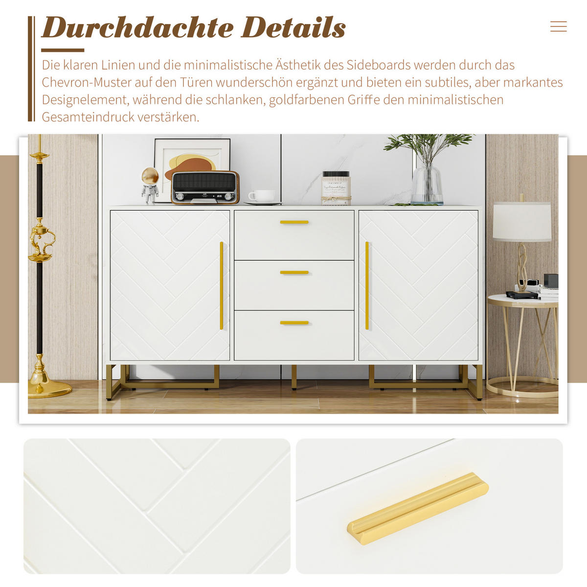 SIDEBOARD in Weiß mit 2 Türen, 3 Schubladen und Fischgrätmuster,145/75/40 cm - Weiß, Holzwerkstoff (145/75/40cm) - Flora Grace