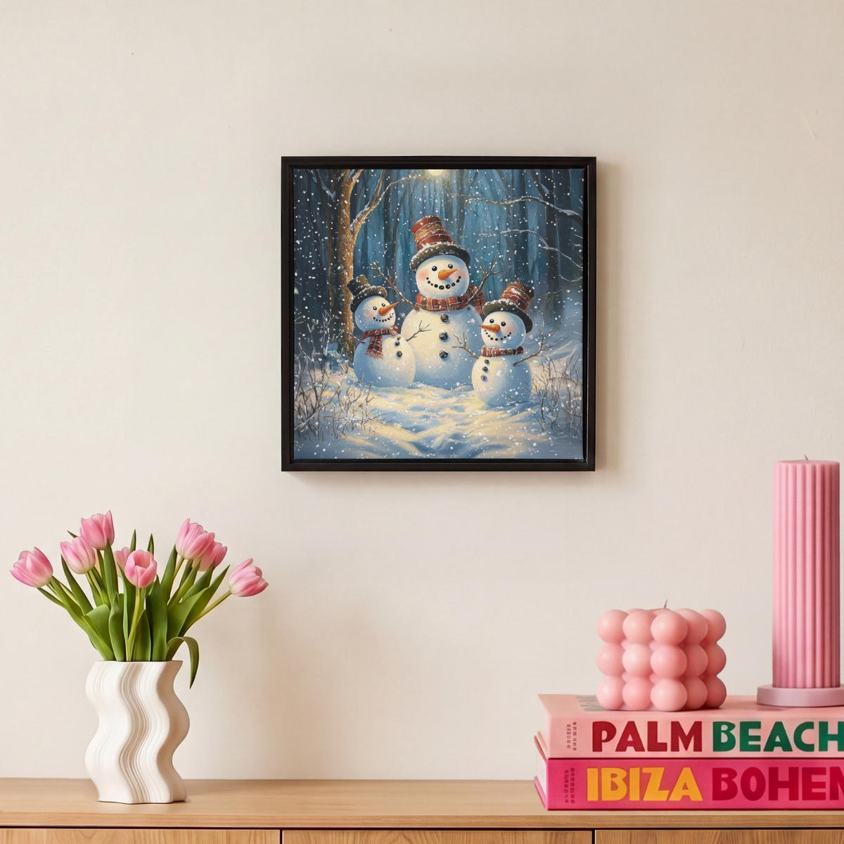 LEINWAND Bilder mit Rahmen - Schneemann - Schnee - Winter - Wald - 20x20 - Hellblau, Textil (20/20cm) - MuchoWow