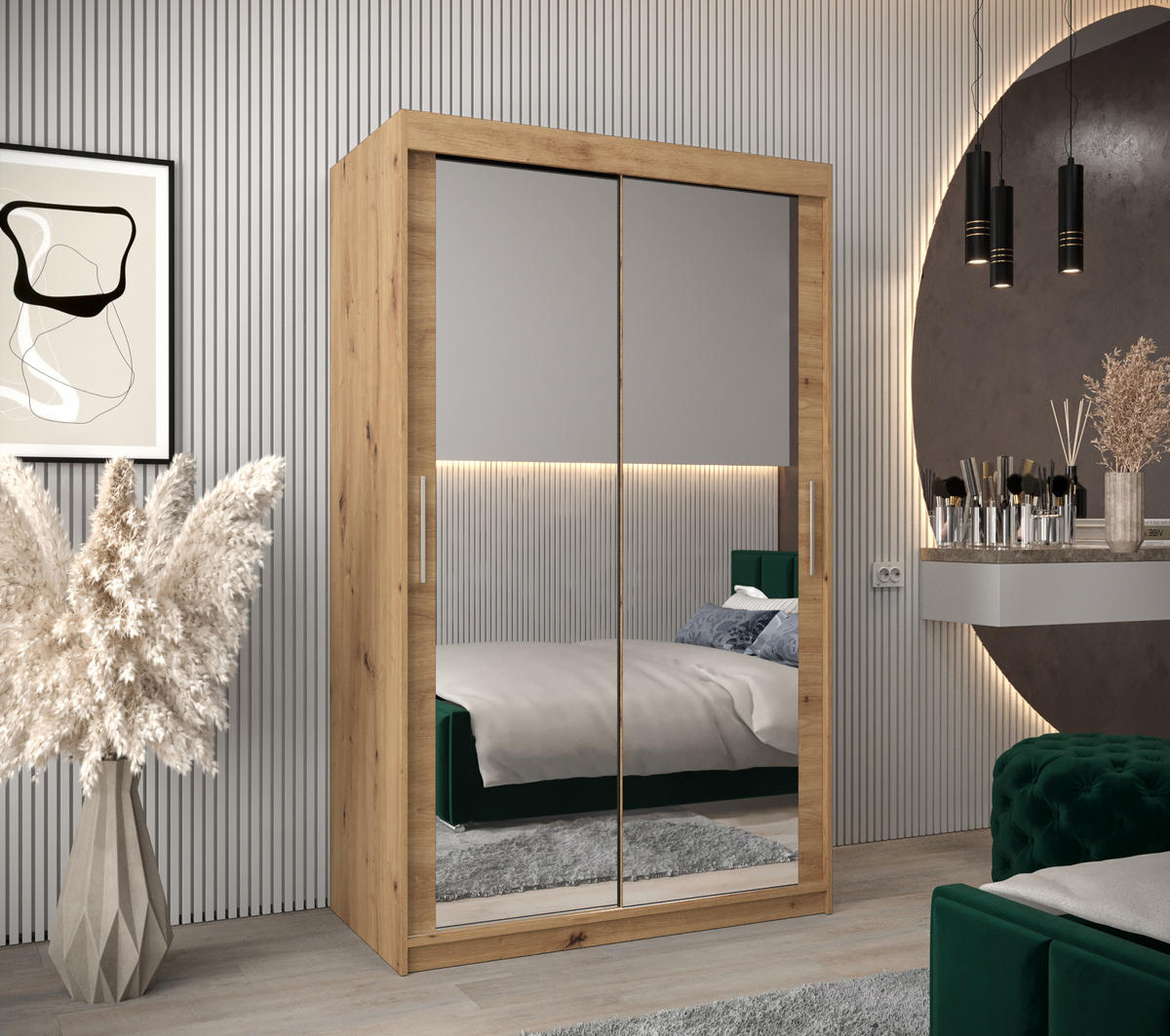 SCHWEBETÜRENSCHRANK 200/120/62 2-türig - Silberfarben/Eiche Artisan, Holz/Kunststoff (120/200/62cm) - Abiks Möbel