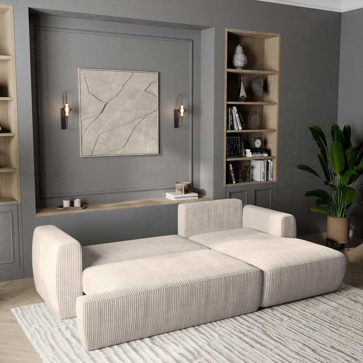 ECKSOFA SENTI P R-S Creme Kordstoff mit Schlaffunktion - Creme, Holz (246/148cm) - MASSENO