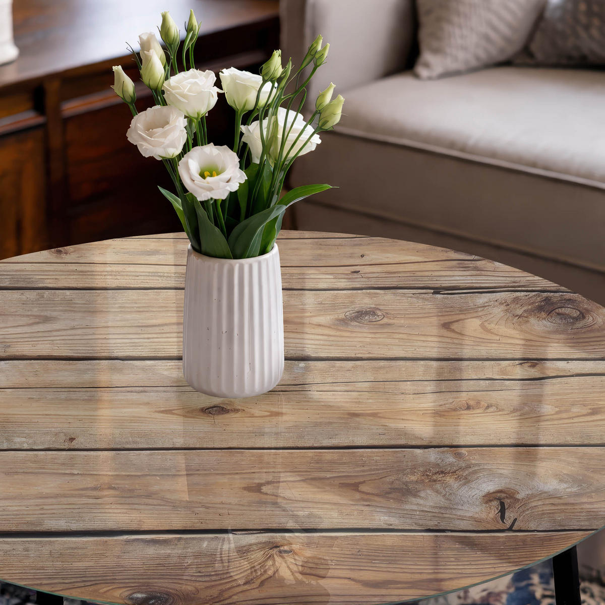 TISCHPLATTE fi80 cm – Holzstruktur - Weiß, Glas (0.4/80/80cm) - Wallfluent