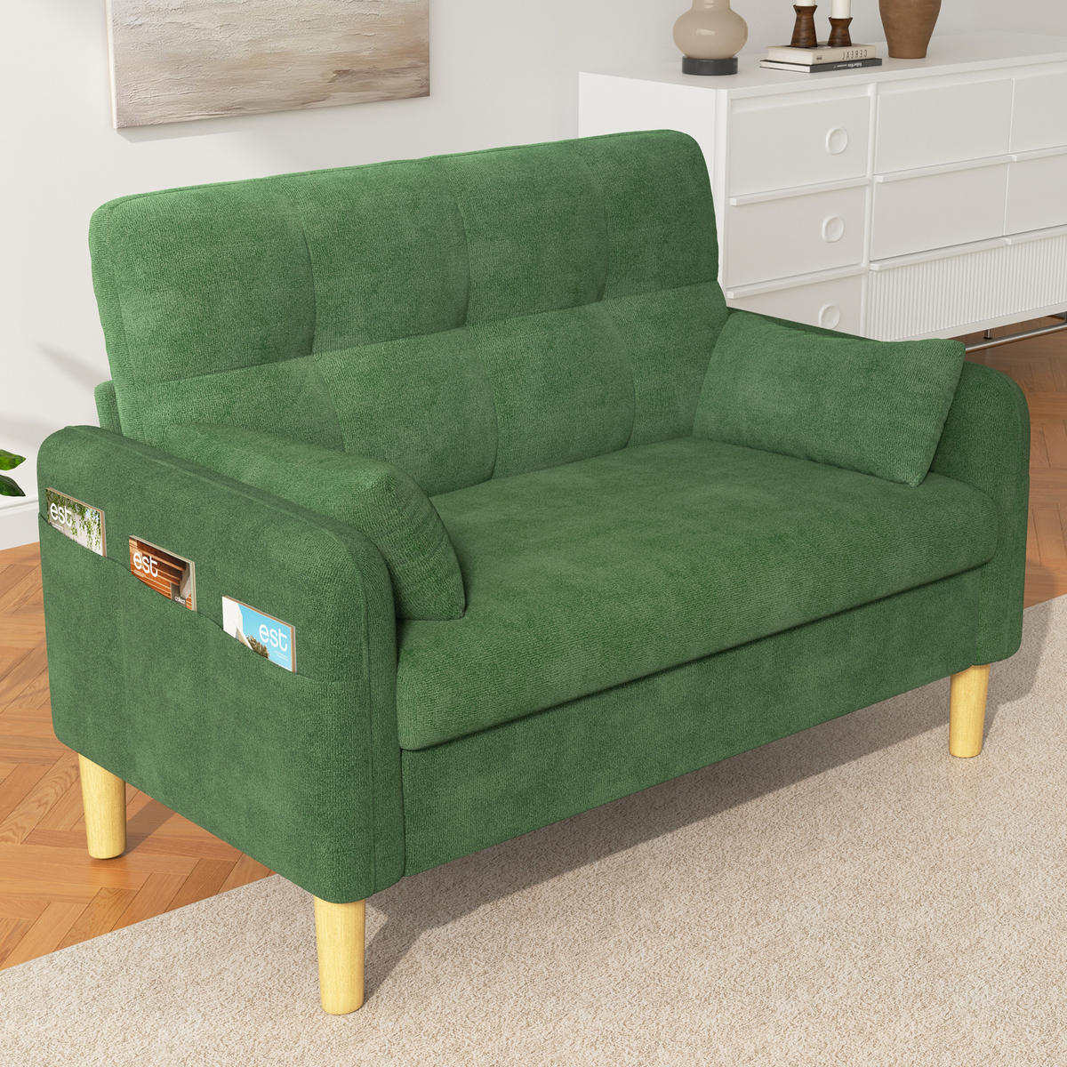 2-SITZER-SOFA DE-33242 mit weichen Polstern und Seitentasche Grün - Grün, Holzwerkstoff (119/85/78cm) - ComfortXL