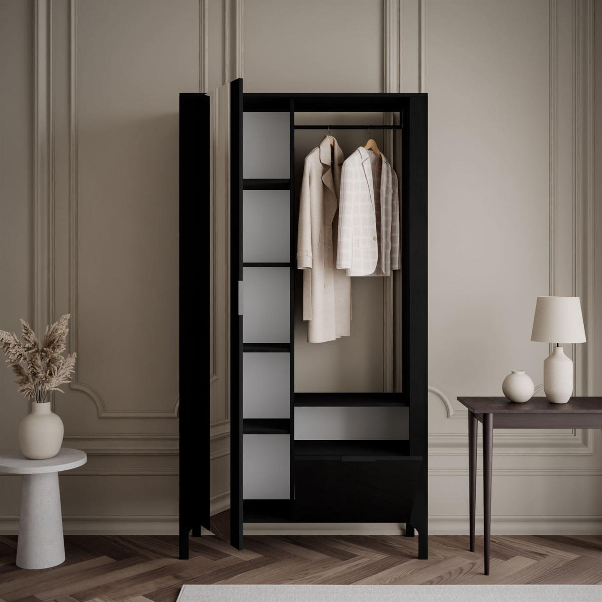 Garderobe LUMI mit Spiegel, Schwarz - Schwarz, Holzwerkstoff (105/197/33cm) - Lookway