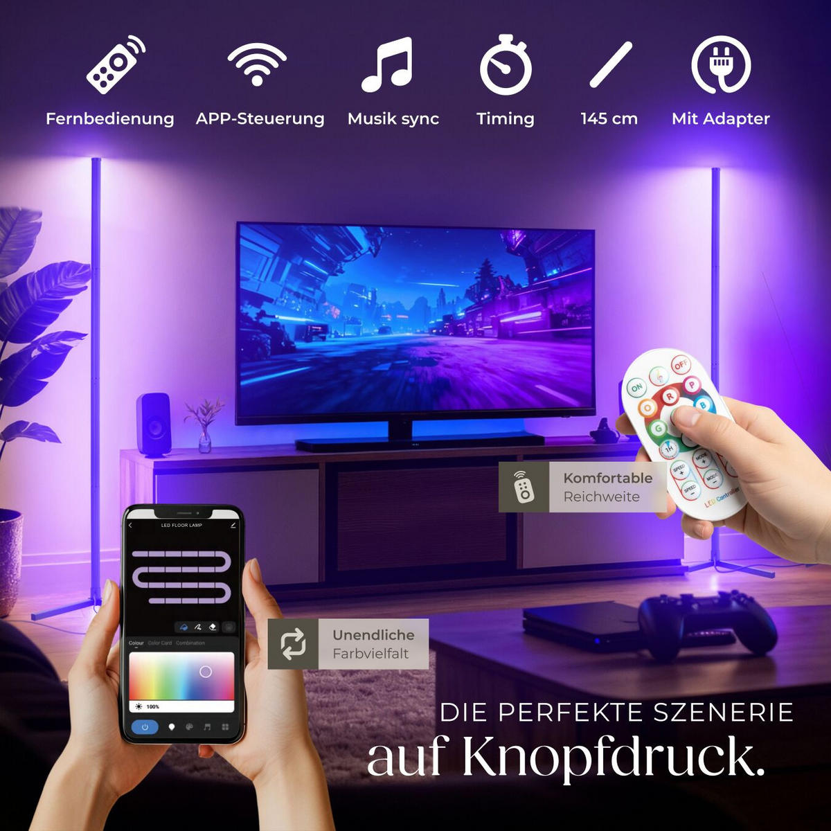 LED-STEHLAMPE Spectra,Innovativer Musik-Aktivierungsmodus,schwarz/weiß - Schwarz/Weiß, Metall (29.5/29.5/145cm) - tectake