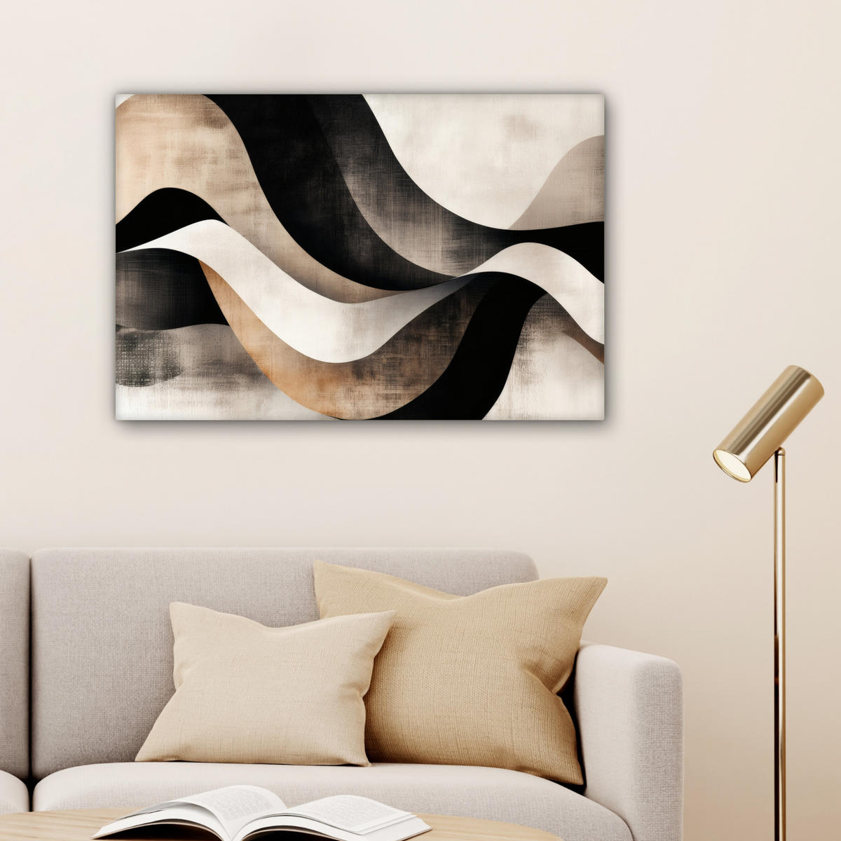 LEINWANDBILD Abstrakt - Wellen - Schwarz - Verwittert Wanddeko 90x60 cm - Trüffeleichefarben, Textil (90/60cm) - MuchoWow