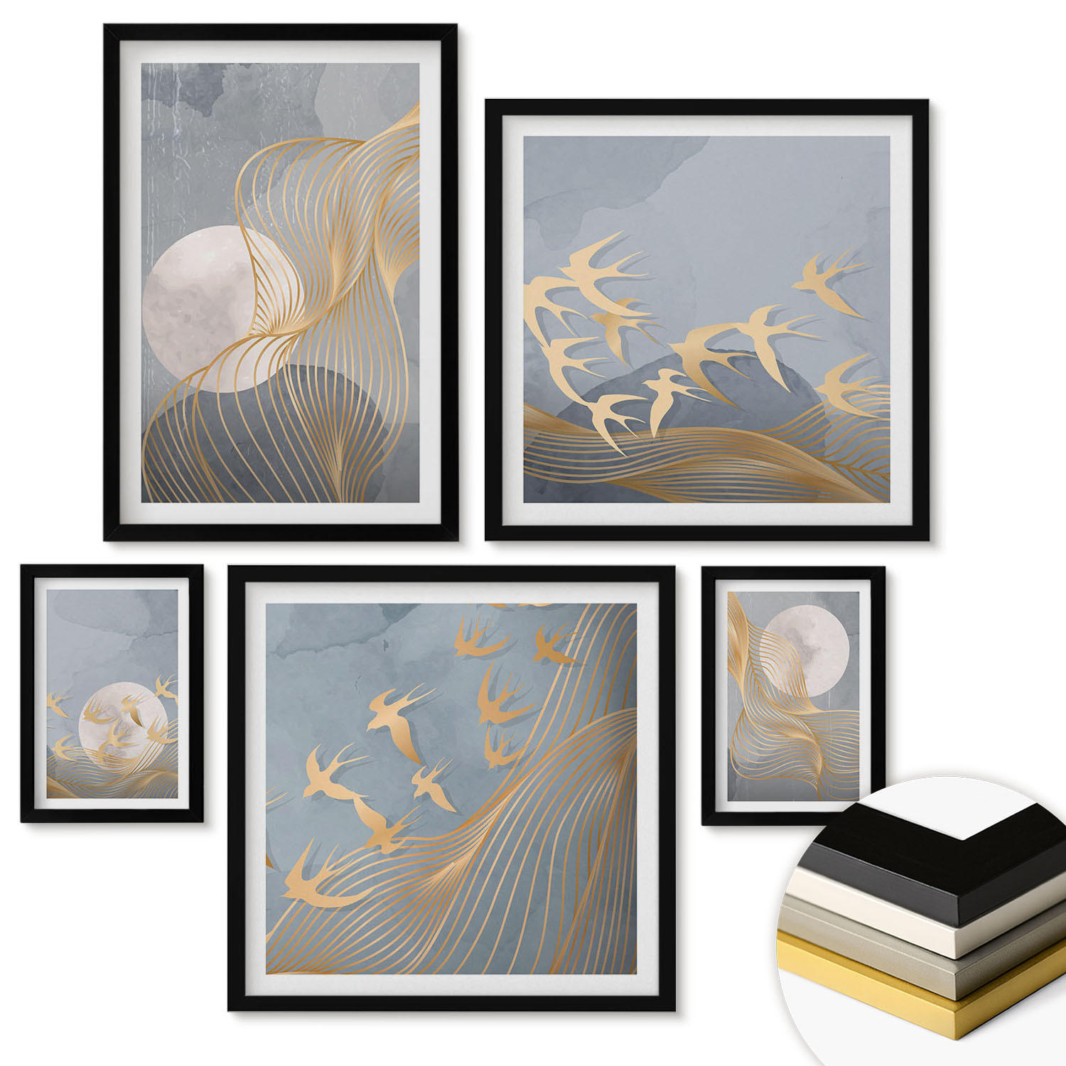 WANDBILDER 5er-Set - 50x50 cm & 20x30 cm & 40x60 cm Schwarzer Rahmen - Abstrakte Wellenkreise, grau - Schwarz, Kunststoff (40/60cm) - ArtPrintCave