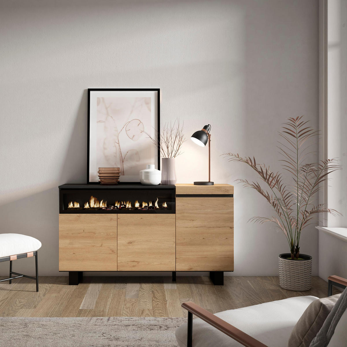 SIDEBOARD eiche, schwarz, 150/35/87cm - Multicolor, Holzwerkstoff (150/87/35cm) - Skraut Home