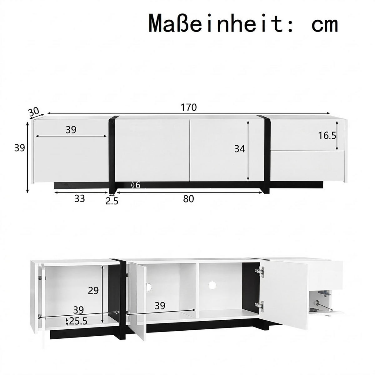 TV-SCHRANK 170/30/39 cm Weiß/Schwarz mit 1 Schublade und 3 Türen - Schwarz, Holzwerkstoff (170/39/30cm) - Oxeza