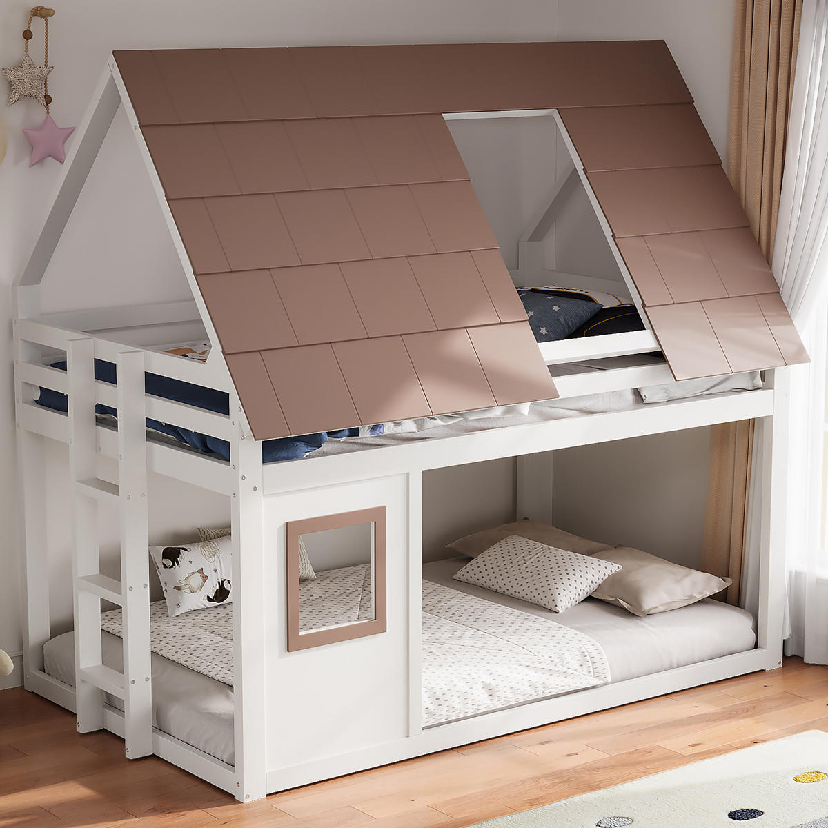 ETAGENBETT 140/200 cm, Braun/Weiß mit Dach und Leiter - Weiß, Holz (140/200cm) - MIVRAY