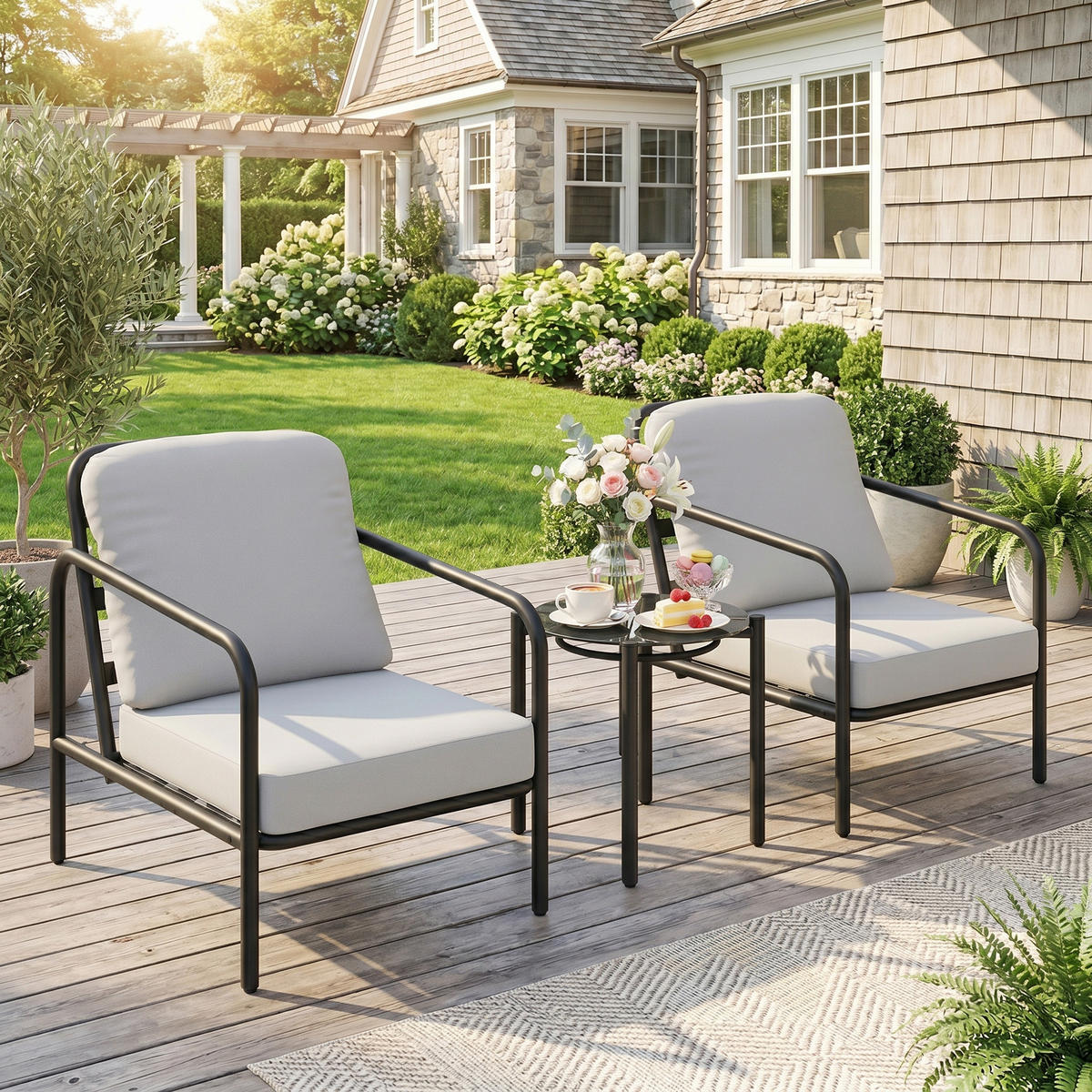 GARTEN-BEISTELLTISCHSET Schwarz, Hellgrau 3 Stück - Schwarz, Naturmaterialien (77/63/76cm) - GiPP
