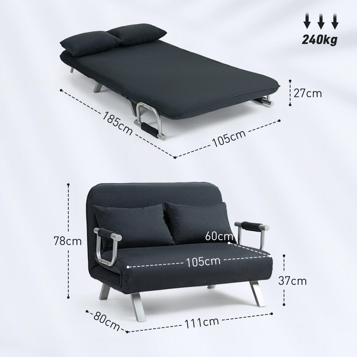 SCHLAFSOFA mit Metallgestell, verstellbarer Rückenlehne 111/80/78 cm Schwarz - Schwarz, Metall (80/78/111cm) - Redom