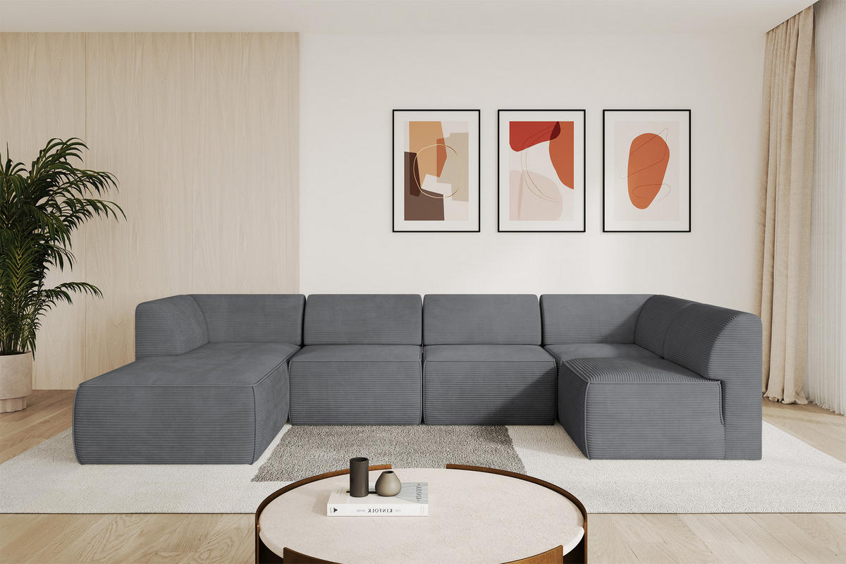 WOHNLANDSCHAFT Ottomane Links MOVO-L 345x180x78 cm Dunkelgrau Cord - Dunkelgrau, Holzwerkstoff/Kunststoff (345/78/180cm) - ALTDECOR