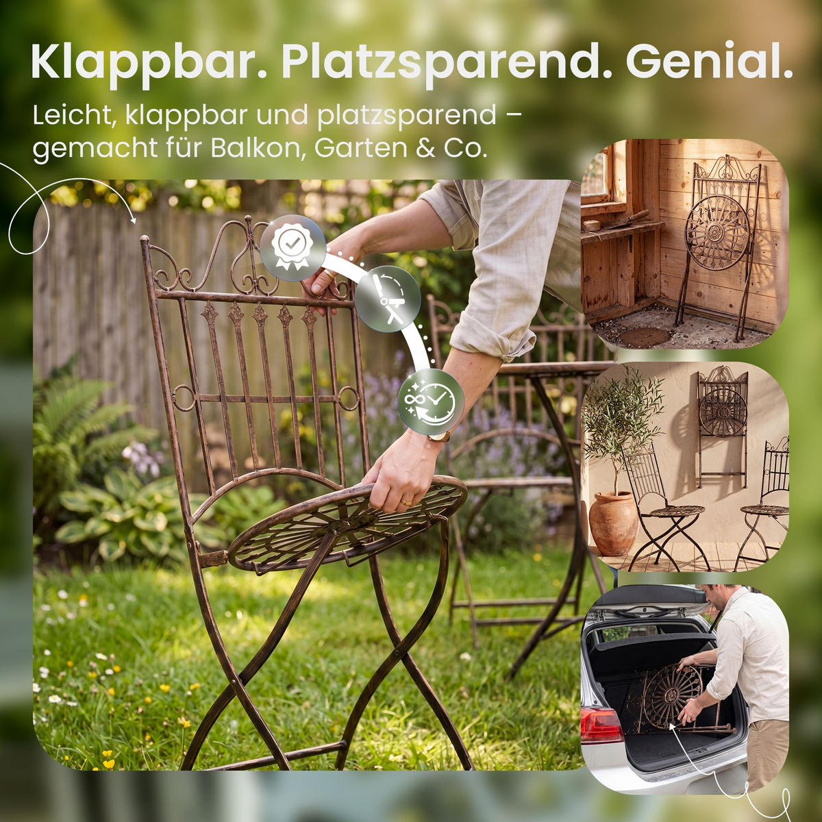 GARTENKLAPPSTUHL Metall Antik Braun - Braun, Metall (39/94/53cm) - CLP