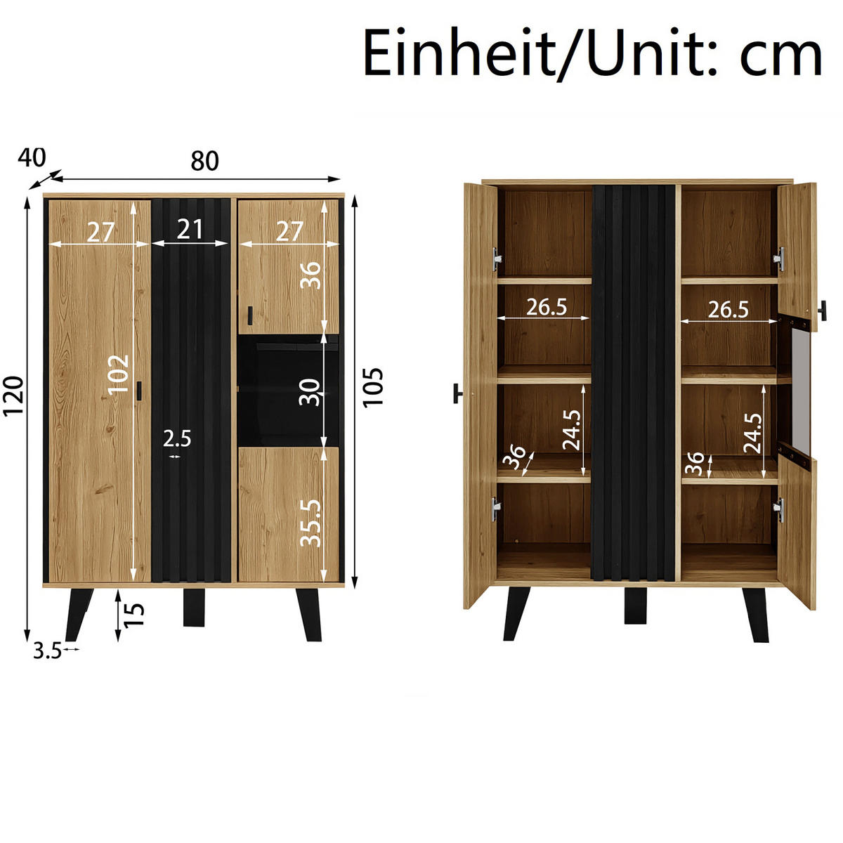 SIDEBOARD Schwarz-Holz, Glas, LED, Stauraum - Kastanienfarben, Holz (80/120/40cm)