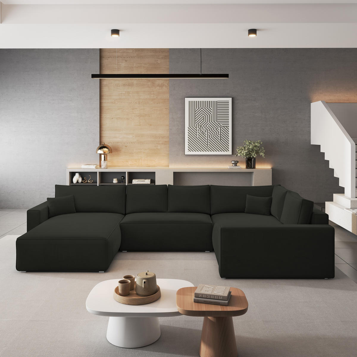 ROHOVÁ SEDAČKA VELAMI černá - šedá/černá, dřevo/textil (365/194cm) - MASSENO