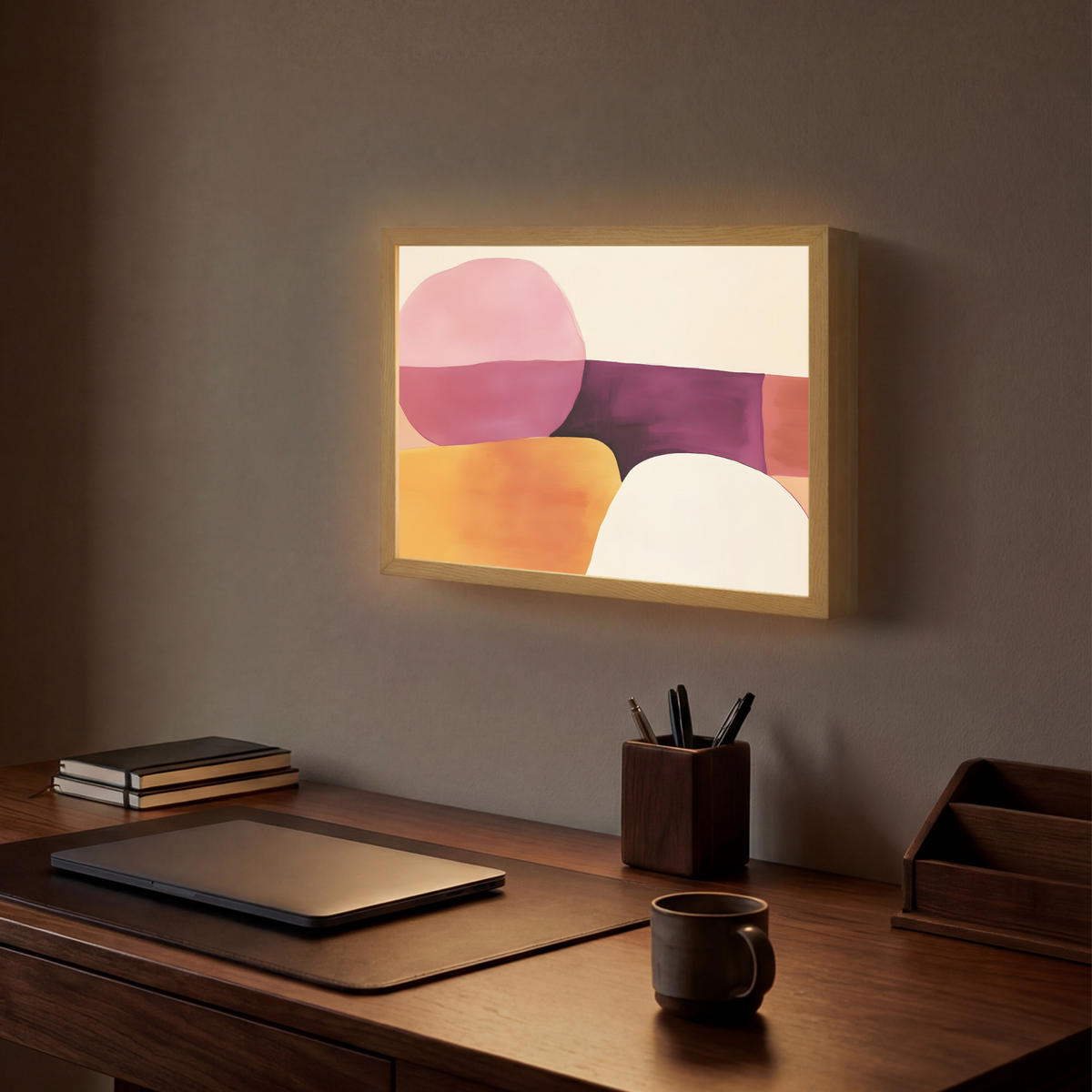 NÁSTĚNNÁ LAMPA S AKUMULÁTOREM Tvary - abstraktní - barevné 40x30 cm - růžová, kompozitní dřevo (40/30/8cm) - OnlyWow