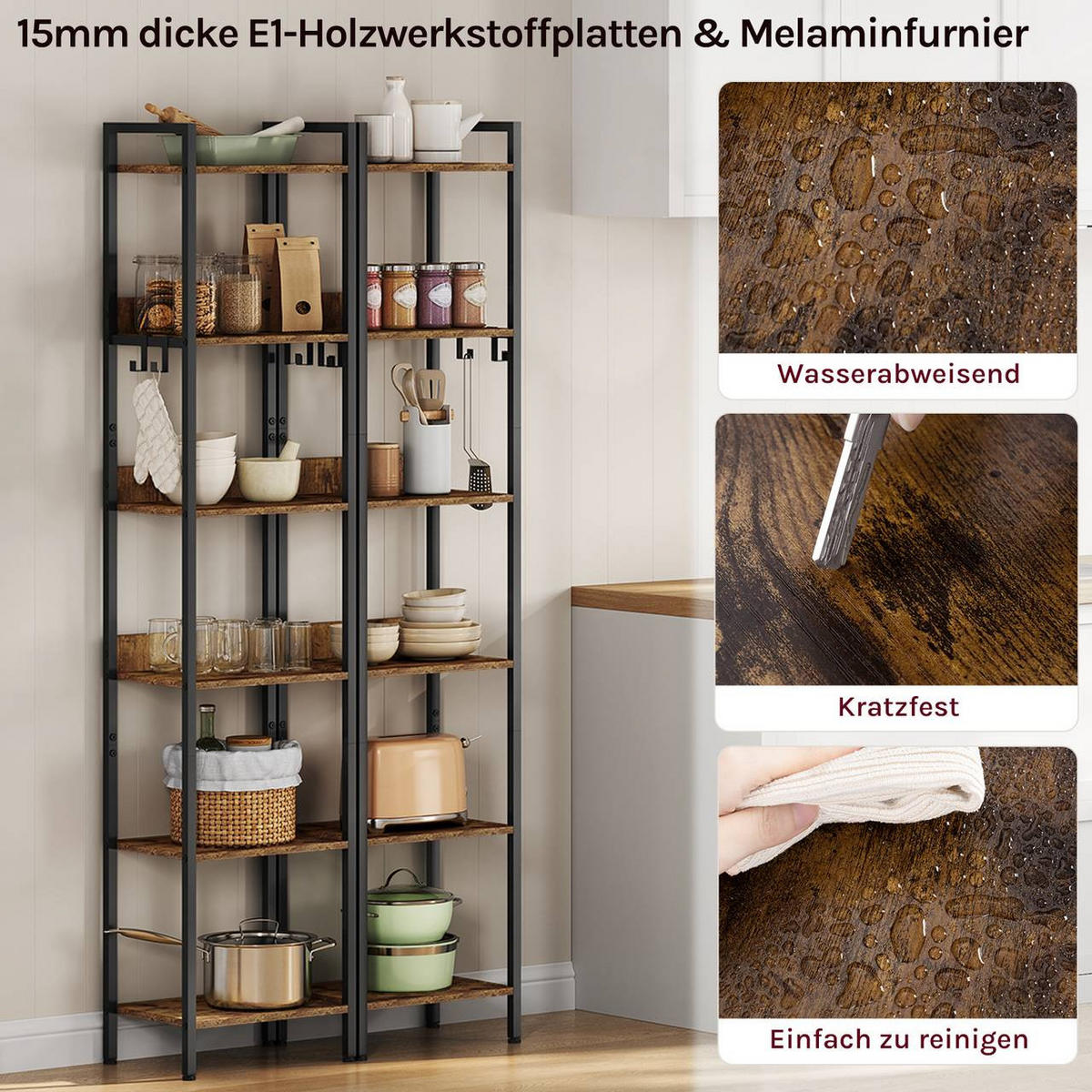 REGAL mit 6 Ebenen, 4 Haken, Vintage-Holzoptik + Schwarz - Nussbaumfarben, Holzwerkstoff/Metall (40/187/30cm) - Woltu