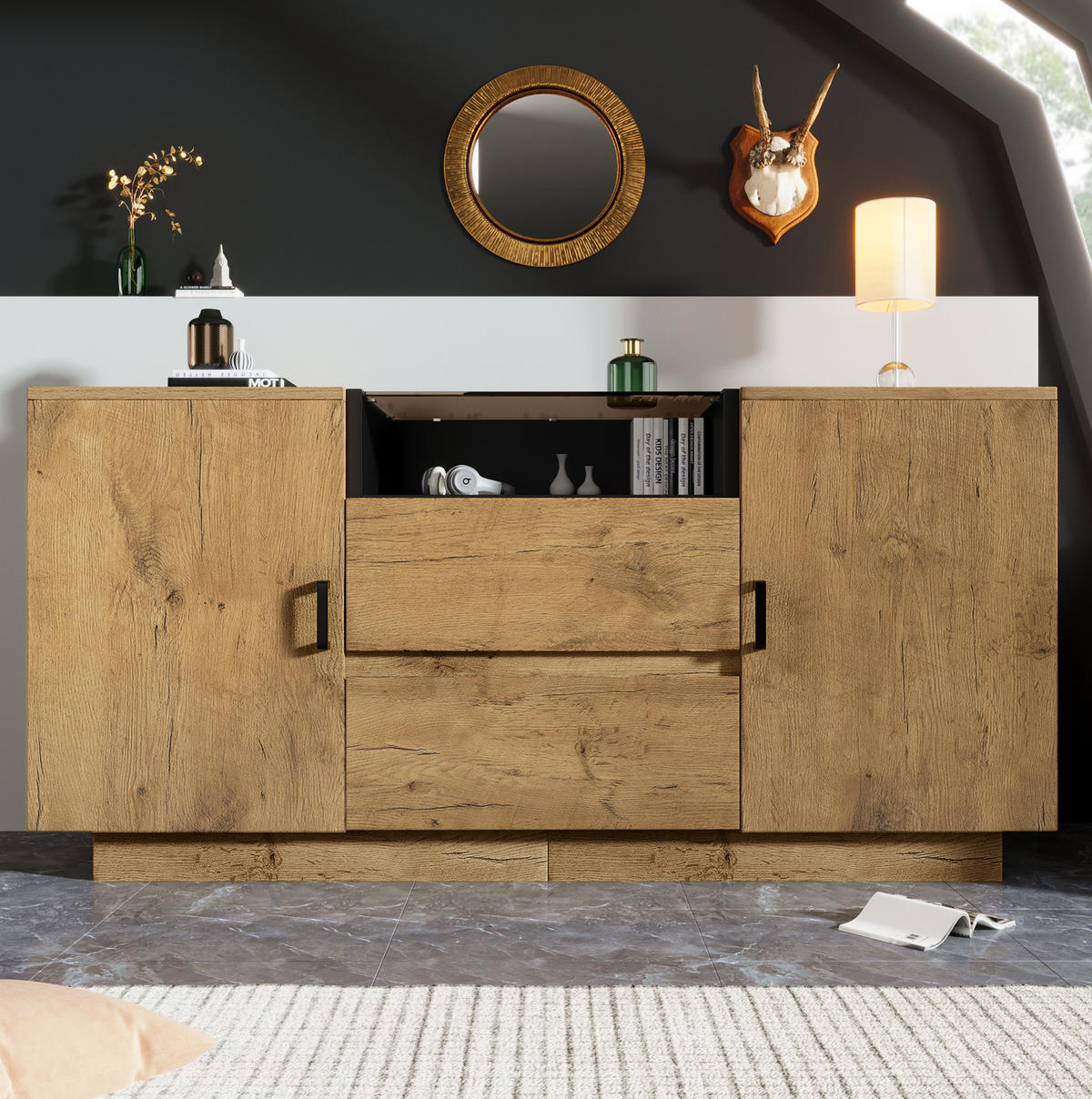 SIDEBOARD 140/40/70 cm s 2 zásuvkami, 2 skříňkami a otevřenou přihrádkou, z ESG skla, Světlý dub - barva dubu, kompozitní dřevo (140/70/40cm) - Redom