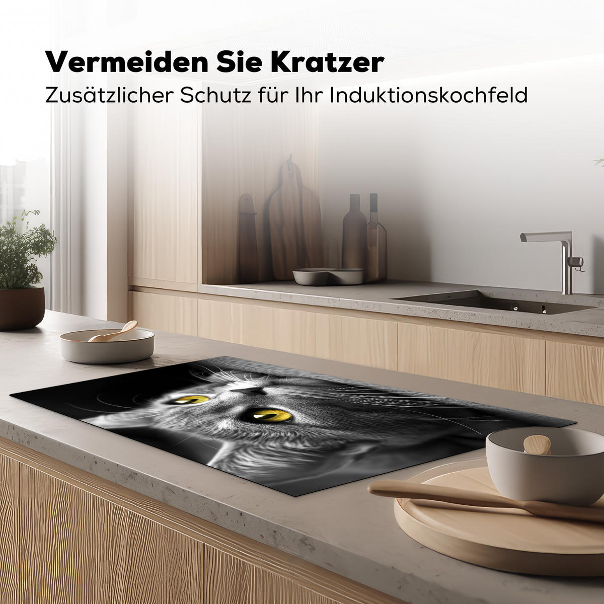 HERDABDECKPLATTE Katze - Grau - Tiere - Katze Induktionsschutz 91.6x52.7 cm - Grau, Kunststoff (91.6/52.7/0.2cm) - MuchoWow