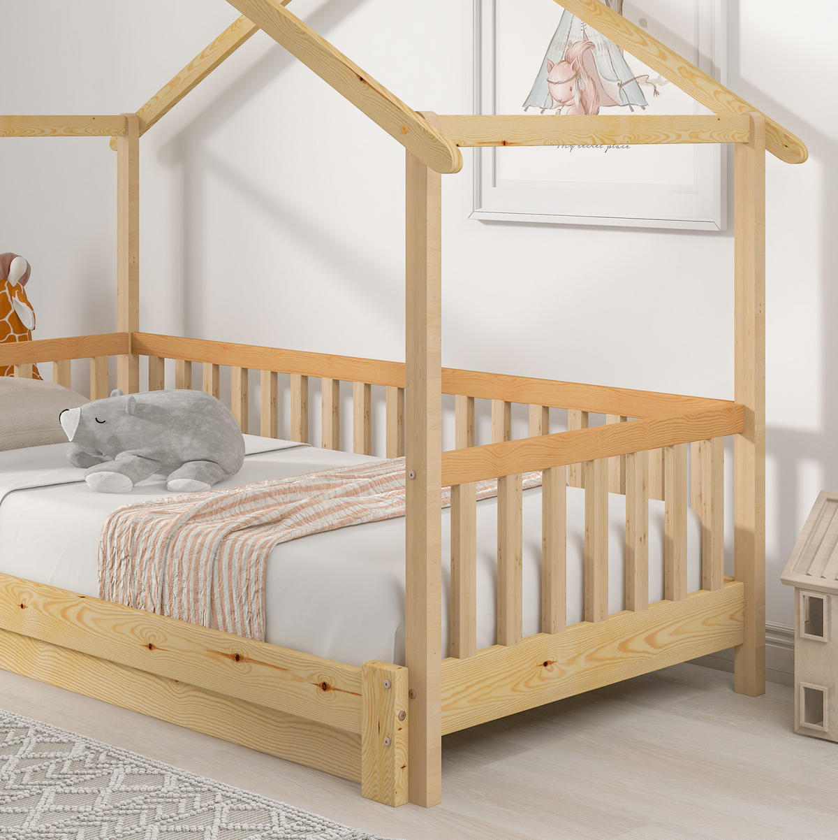 HAUSBETT 90/200 cm aus Kiefer massiv – ausziehbar von 90 auf 180/200 cm - Naturfarben, Holz (90/200cm) - BEAOK