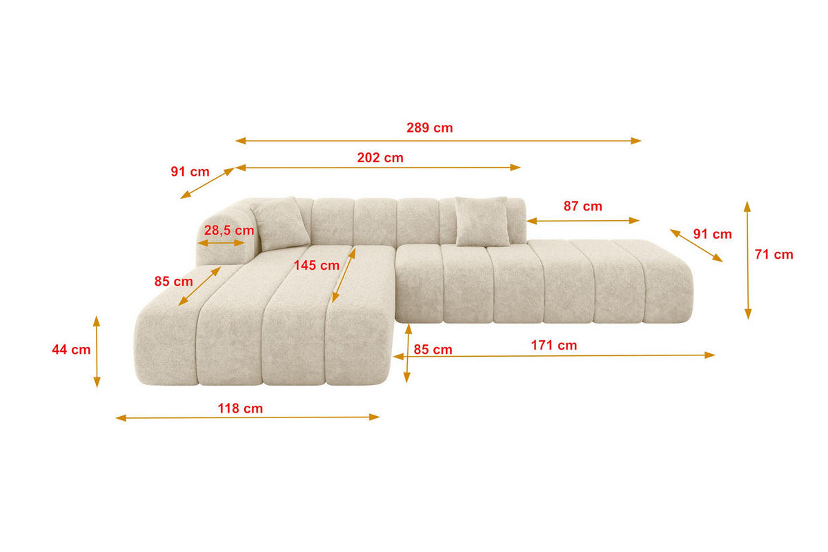 ECKSOFA Ottomane Links BILA-L 289x176x71 Creme Chenille - Ecru/Creme, Holzwerkstoff/Kunststoff (176/289cm) - ALTDECOR