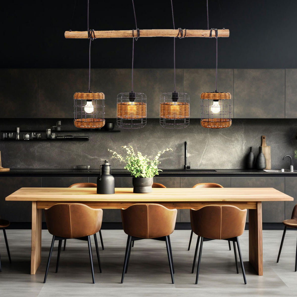 HÄNGELEUCHTE Metall Braun geflochten 4 Flammig - Braun, Holz (120/24/150cm) - Nowa