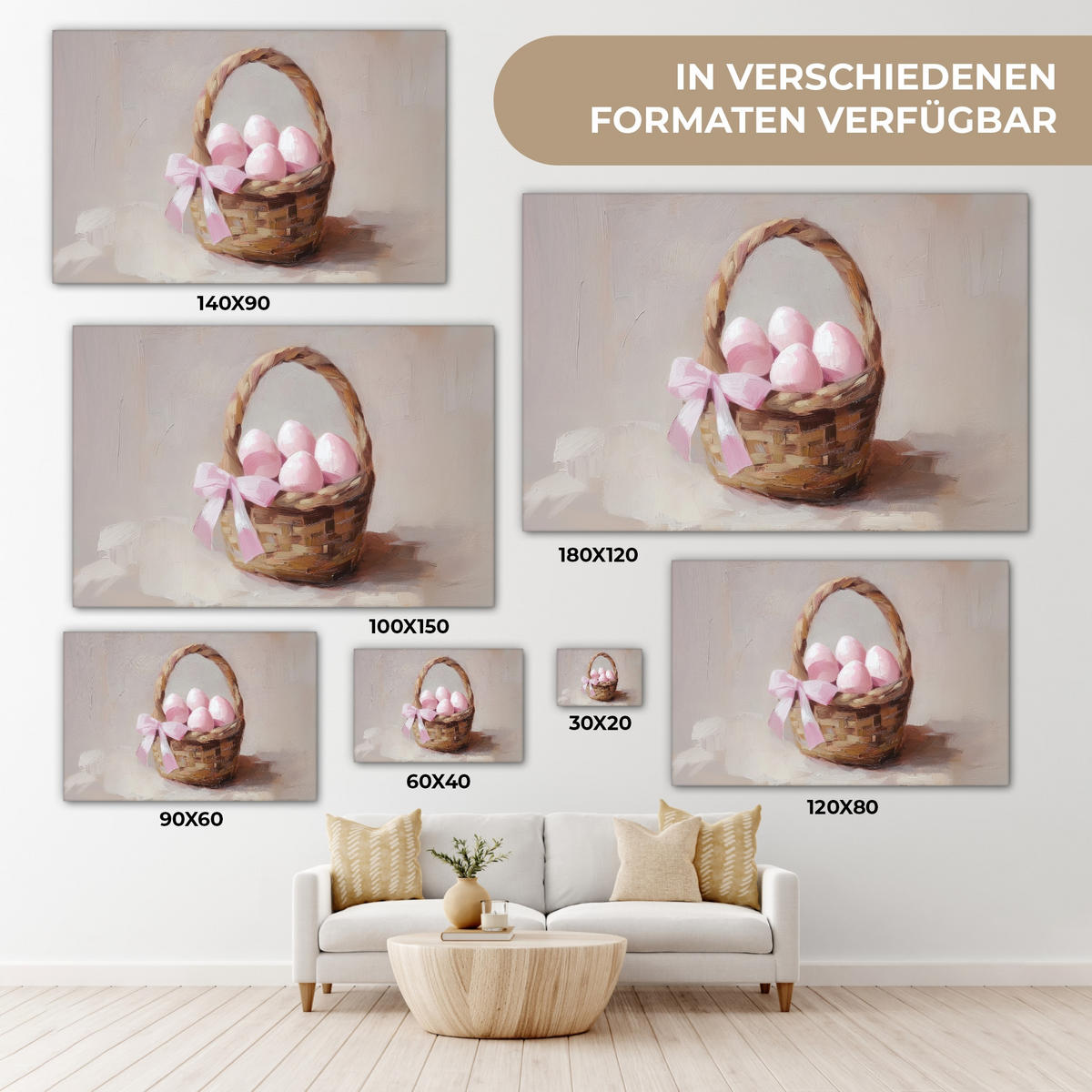 LEINWANDBILD Korb - Eier - Rosa Wohnzimmer Groß 120x80 cm - Beige, Textil (120/80cm) - MuchoWow