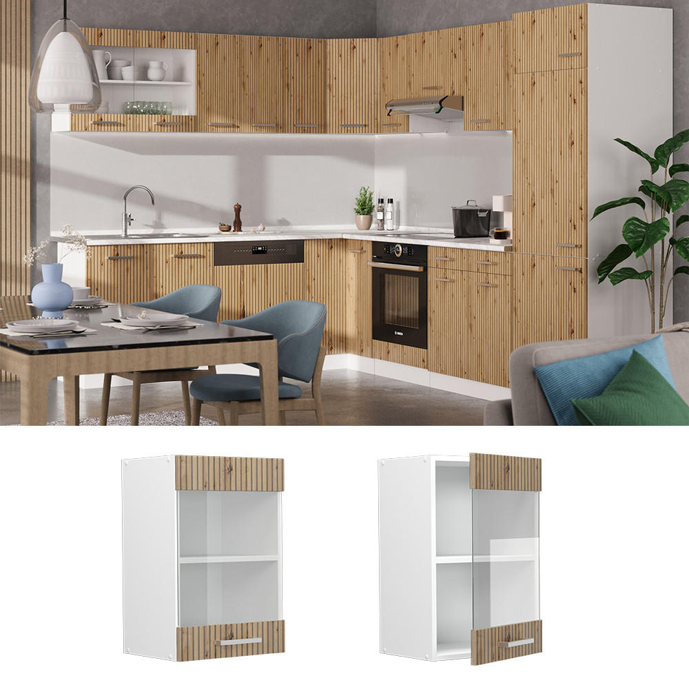 Thumbnail - Vicco Küchenglasschrank, Eiche Artisan, Holzwerkstoff, 2 Fächer, Rechteckig, 40x60x31 cm, Küchen, Küchenmöbel, Küchensch...