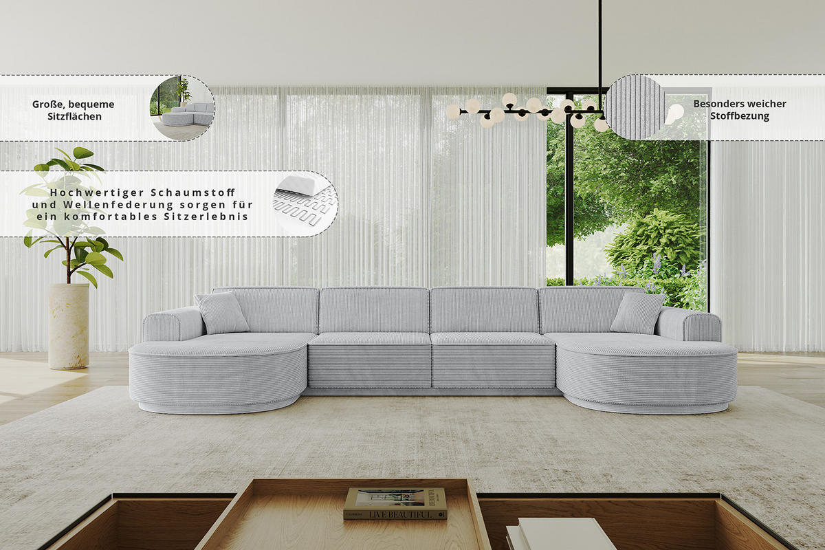 WOHNLANDSCHAFT MARI-U2 - 380x163x81 cm Beige Cord - Beige/Schwarz, Holzwerkstoff/Kunststoff (380/81/163cm) - ALTDECOR