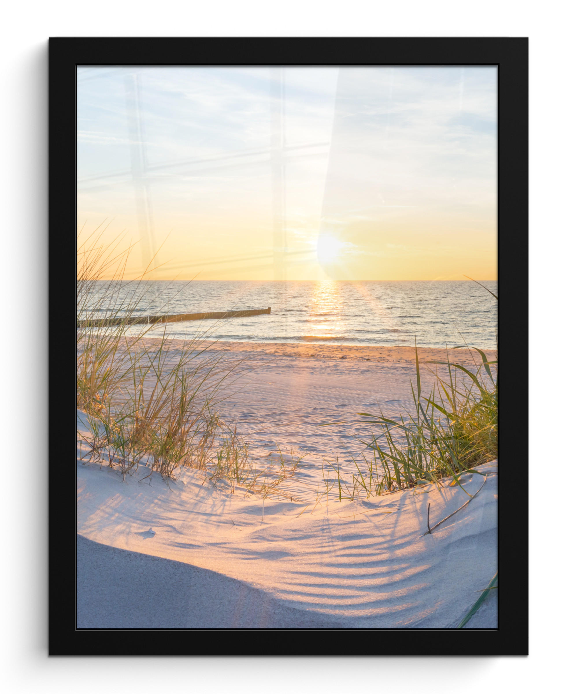 GERAHMTES BILD Strand - Sonne - Düne - Gras - Sand - Horizont 30x40 cm - Hellblau, Papier (30/40cm) - MuchoWow