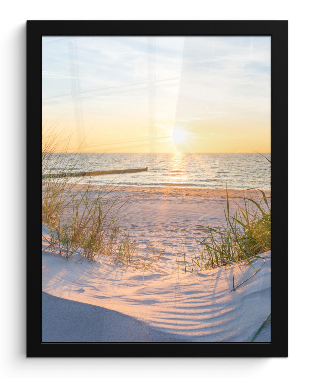 GERAHMTES BILD Strand - Sonne - Düne - Gras - Sand - Horizont 30x40 cm - Hellblau, Papier (30/40cm) - MuchoWow