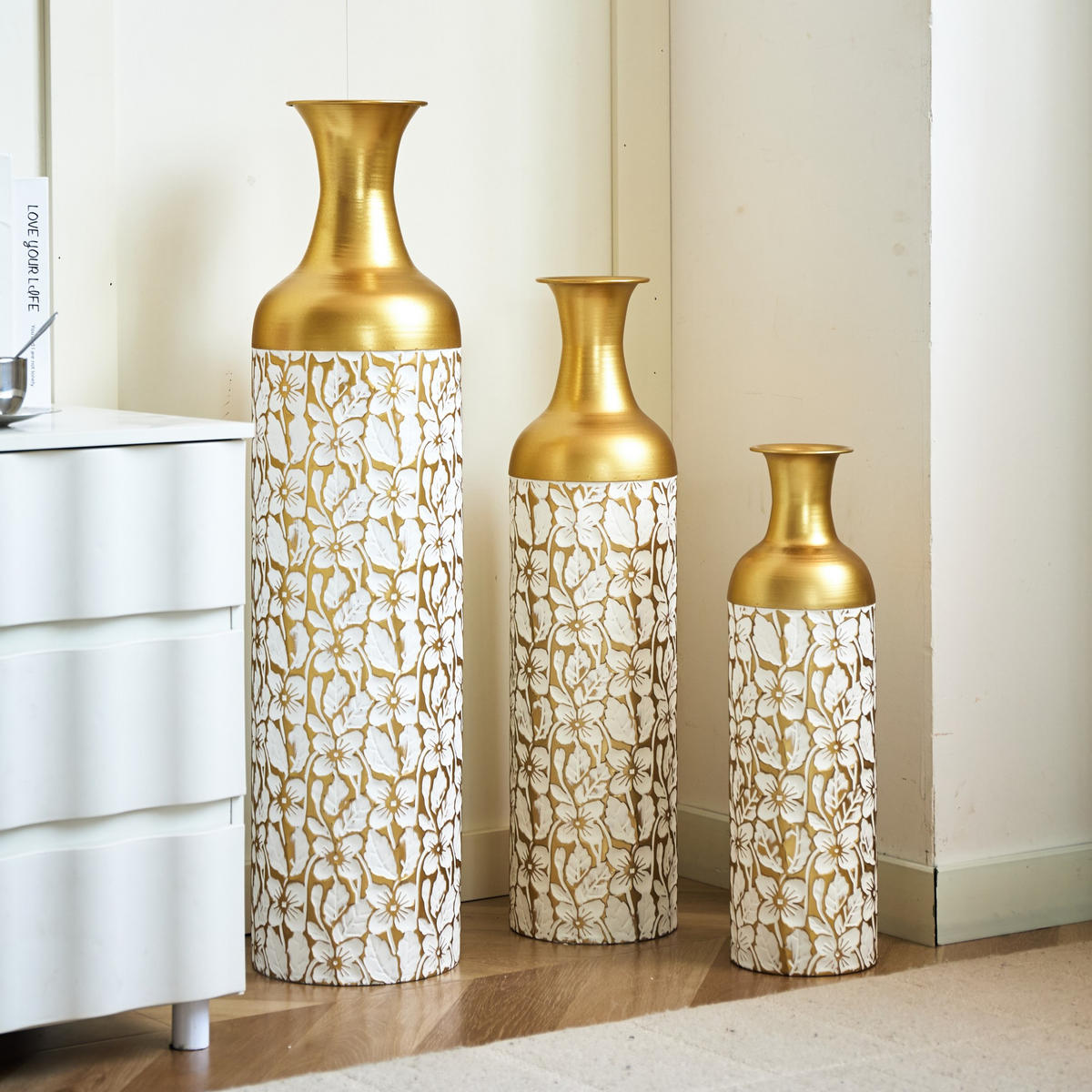BODENVASE Metallvase,50/66/83 cm,3 tlg.Dekovase,Blume-Goldfarben - Goldfarben, Metall (83cm) - LVHOM