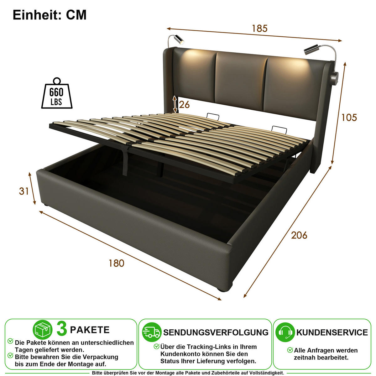 POLSTERBETT 180/200 cm in Grau mit Bettkasten, Leselampe und USB - Grau, Holzwerkstoff/Textil (180/200cm) - CHICFURN