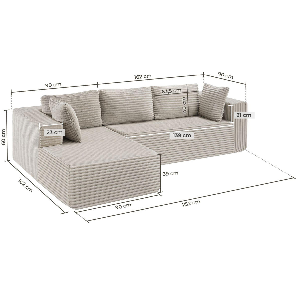 SOFA Relax, keine Montage, 250 cm Breite, Samtcord beige - Beige, Kunststoff/Textil (250/162cm) - tectake