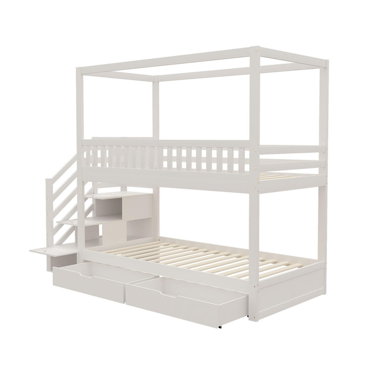 ETAGENBETT 90/200 cm aus Massivholz mit Hausform und Sicherheitsleiter - Weiß, Holz (90/200cm) - OKWISH
