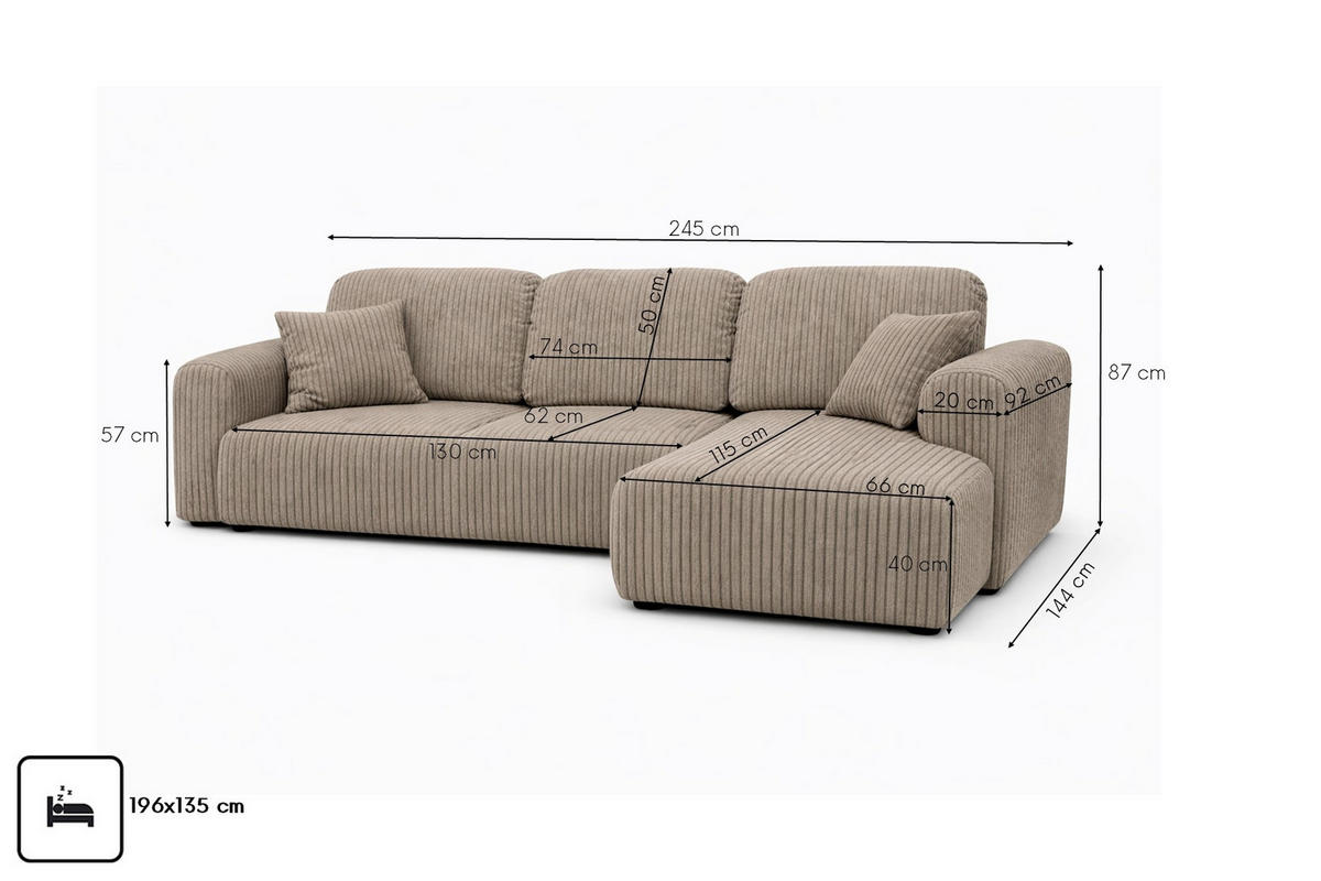 ECKSOFA Mit Schlaffunktion Und Bettkasten, Sofa L-Form Bingo L, Cordstoff Poso, Dunkelbeige, Rechts - Beige, Holz (245/144cm) - Kaiser Möbel