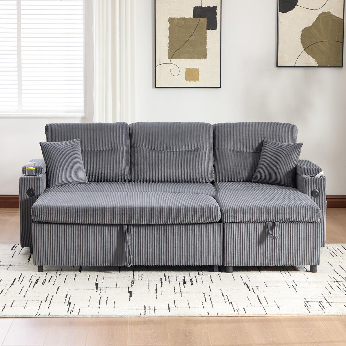 ECKSCHLAFSOFA 3-Sitzer Cord mit Stauraum Schubladenbett und USB-Anschluss Kohlegrau 212,5/136/86 cm - Grau, Textil (136/212.5cm) - Redom