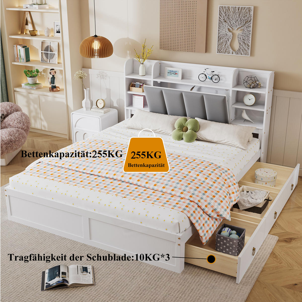 BETT 160x200 cm Schubladen Regal weiß - Weiß, Holz (160/200cm) - LEBENLANG