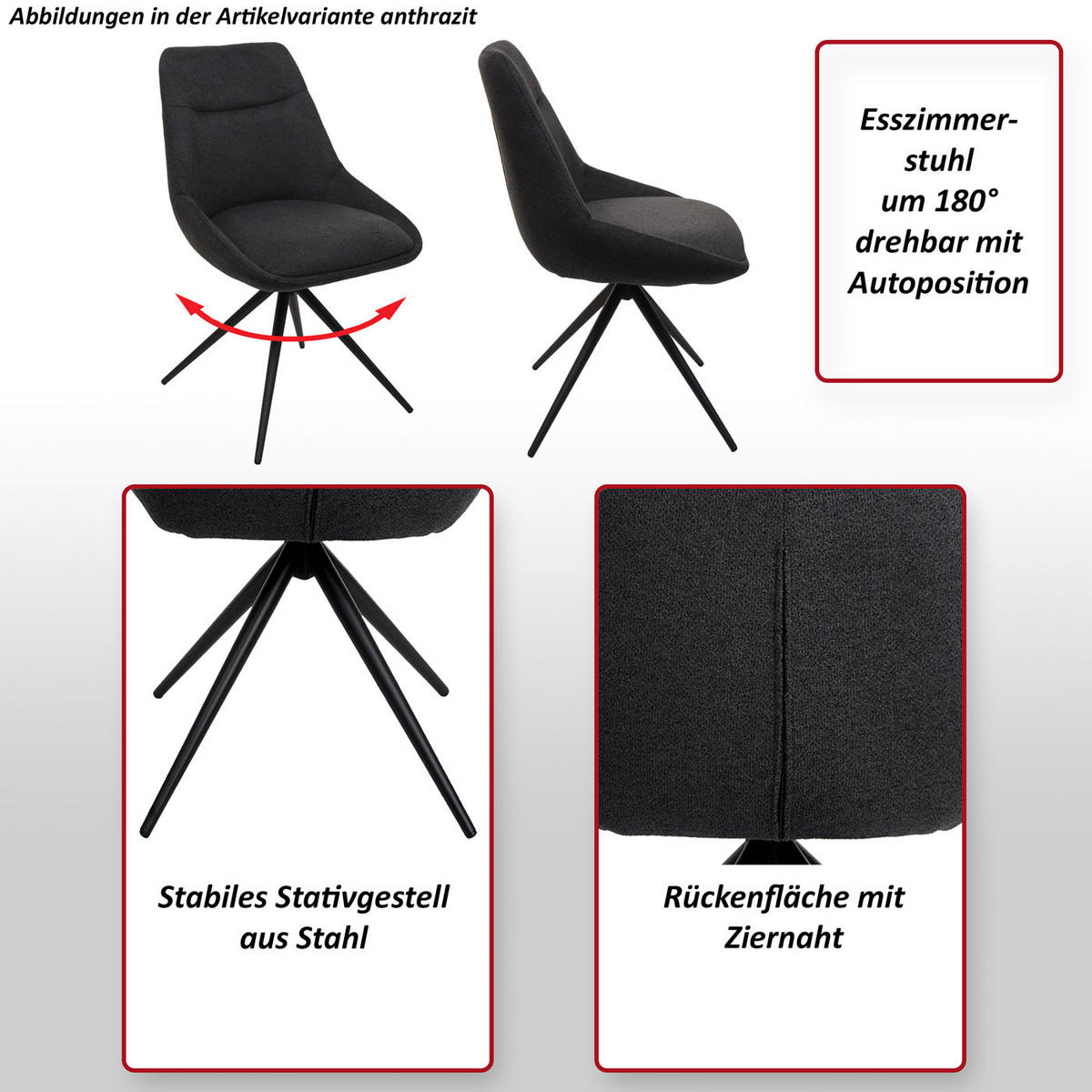ESSZIMMERSTUHL Anthrazit 6er-Set - Anthrazit, Textil (51/86/60cm) - MCW