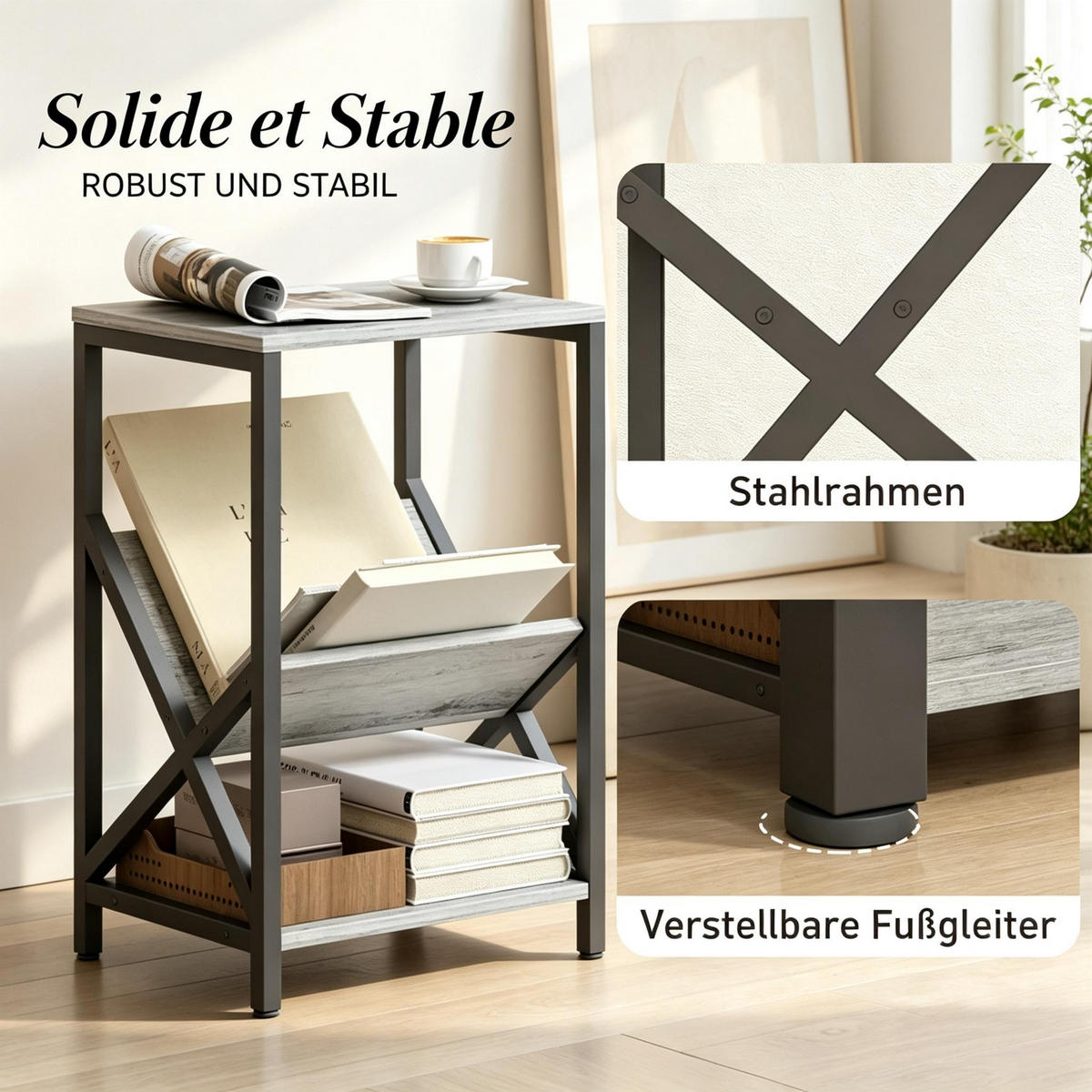 BEISTELLTISCH 3 Ebenen Dunkelgrau/Schwarz 40/30/61 cm - Schwarz/Grau, Holzwerkstoff/Metall (40/30/61cm)