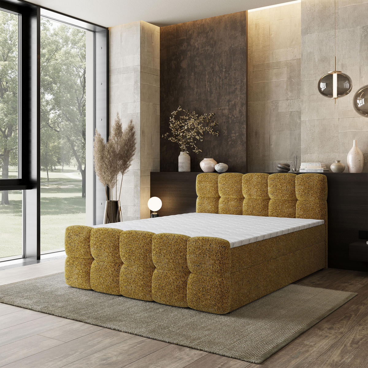 BOXBETT BRUME 160x200 cm mit Matratze und Topper, H2+H3 - Gelb - Gelb, Holz (160/200cm) - MASSENO