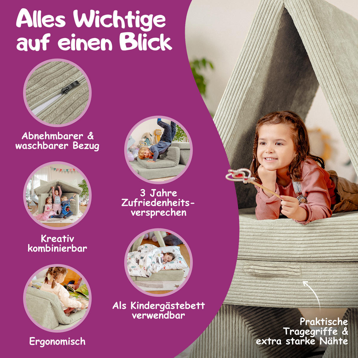 KINDERSOFA Spielparadies - Hellgrau, Textil (66/52/150cm) - Linodino