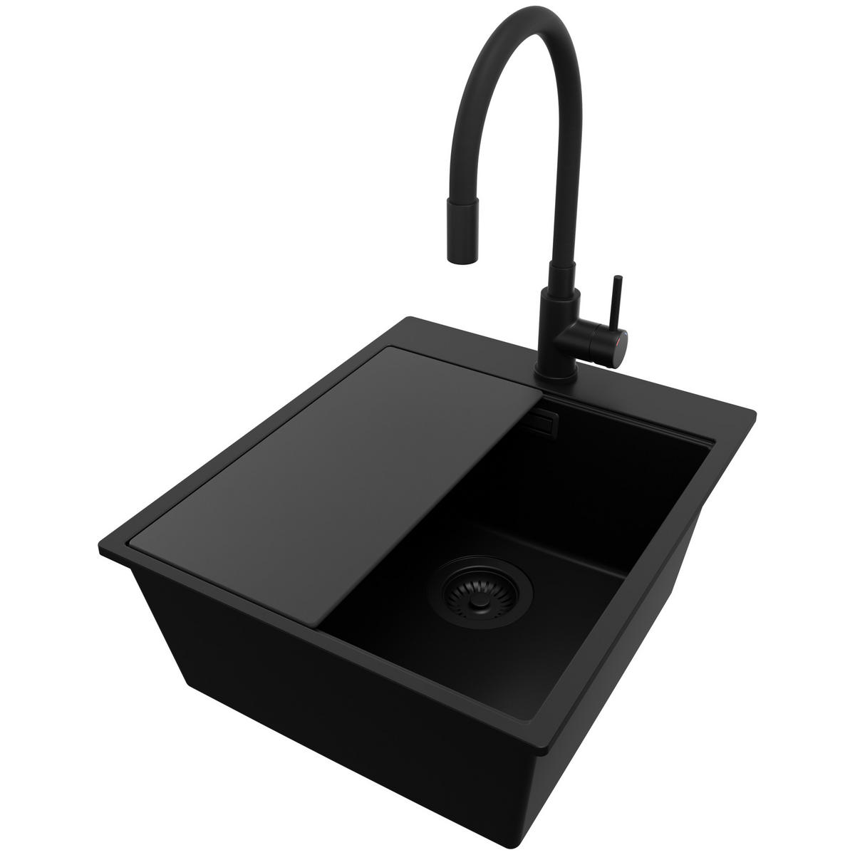 GRANITSPÜLE Oslo, 2-er set Alles Schwarz 43/50 cm 1 Becken + Küchenarmatur 40/38 cm + Ablauf-Set + Schneidebrett ab 45er Unterschrank - Schwarz, Kunststoff (43/20/50cm) - Primagran