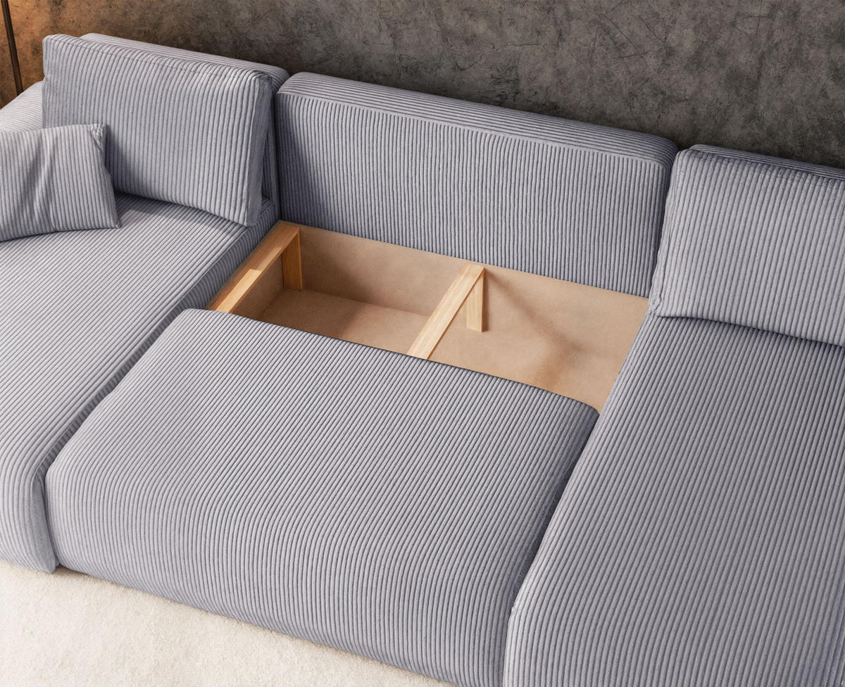 WOHNLANDSCHAFT Pianoni Hellgrau Cordbezug - Hellgrau/Schwarz, Kunststoff/Textil (312/83/140cm) - Selsey