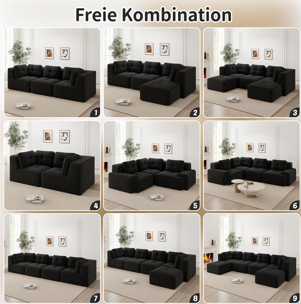 ECKSOFA 297/104/69 cm schwarz aus Cord mit modularem Design und ohne Montage - Schwarz, Textil (104/297cm) - OKWISH
