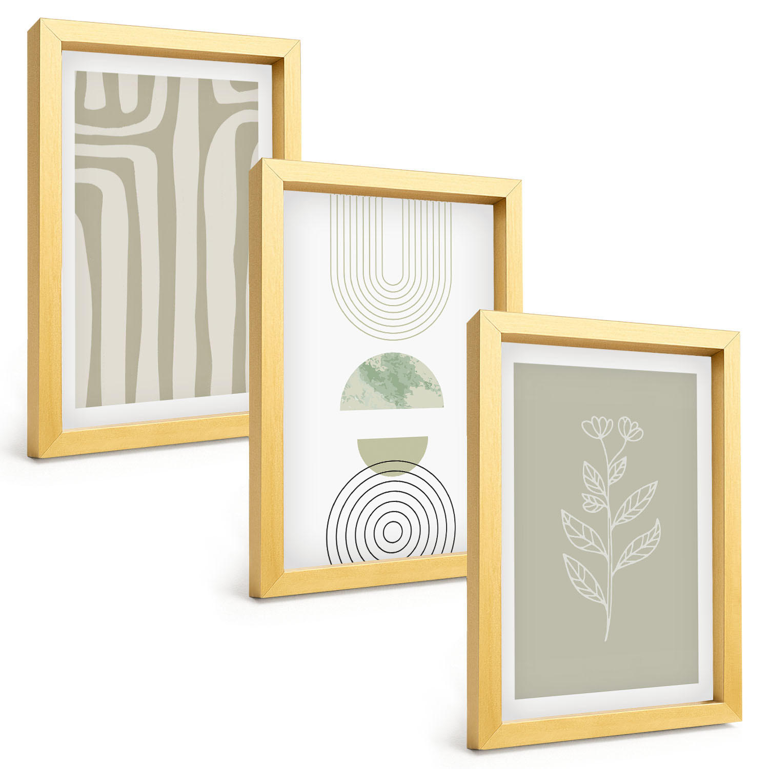 BILDER SET 3er Set - 20x30 cm Goldrahmen - Geometrische Pflanzenmuster - Goldfarben, Kunststoff (20/30cm) - TULUP