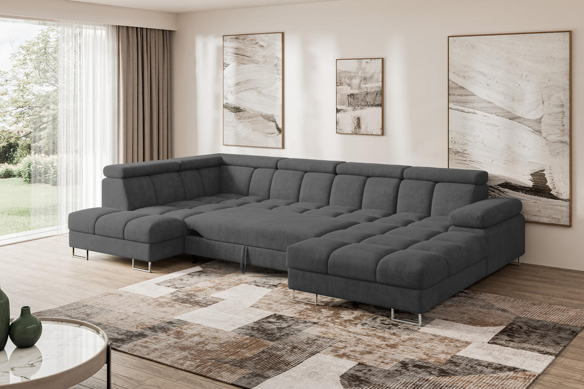 WOHNLANDSCHAFT mit Schlaffunktion und Bettkasten Ottomane Links COMA U 345x203x79 Dunkelgrau Velours - Dunkelgrau, Holzwerkstoff/Textil (345/79/203cm) - ALTDECOR