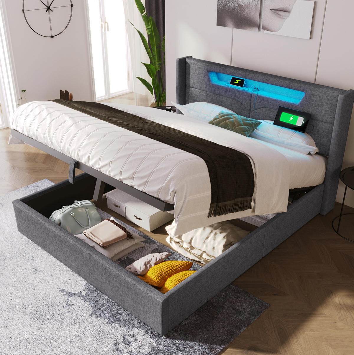 POLSTERBETT mit LED-Beleuchtung 140/200 cm mit Bettkasten und USB/Type-C - Grau, Textil (140/200cm) - BEAOK