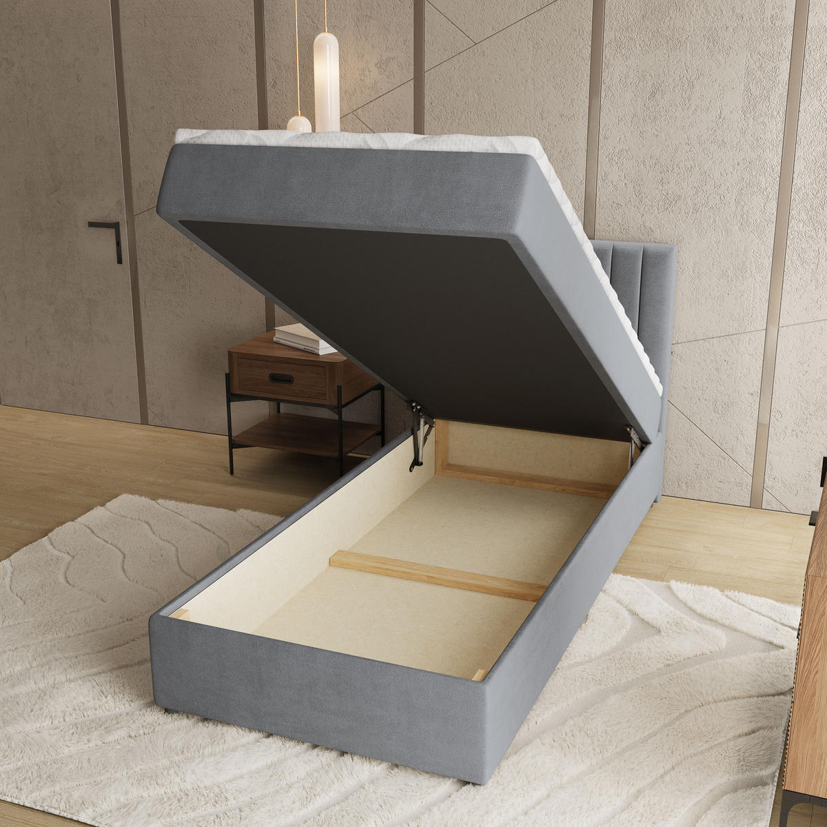 BOXBETT BRESEL 100 100x200 cm mit Matratze und Topper, H2+H3 - Grau - Grau, Holz (100/200cm) - MASSENO